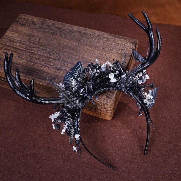 Black Deer Antlers Headband Gothic Reindeer Horns Elf Crown for Women Girls main image 6